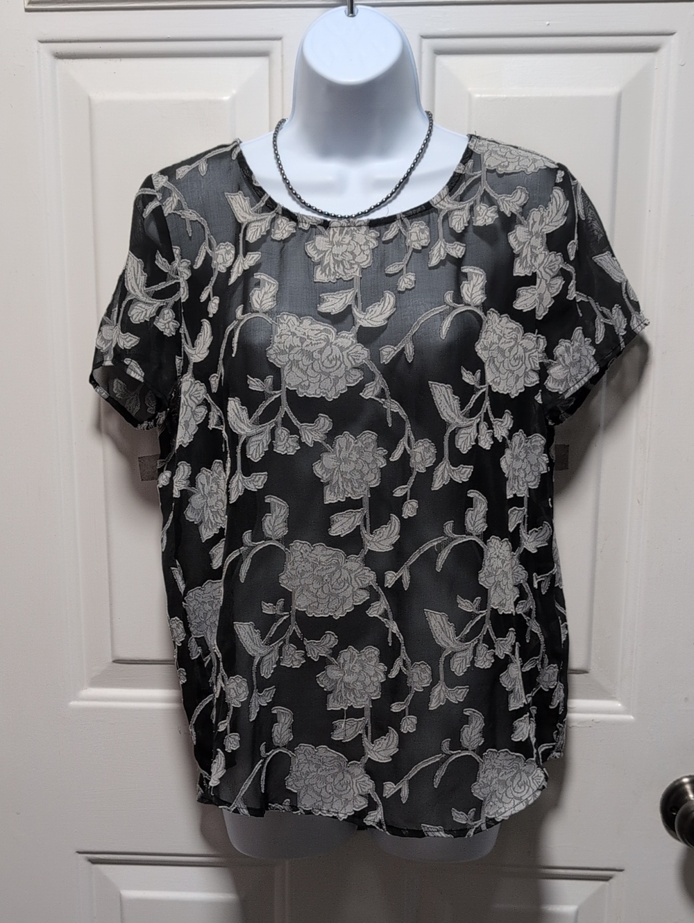 Joe Fresh Black Sheer Blouse with Cream Floral Embroidery